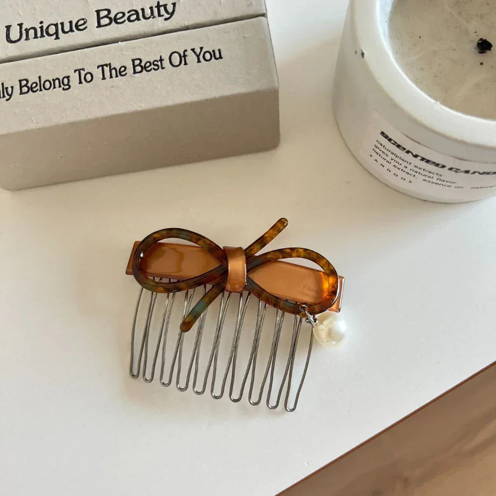 Acetate bow and pearl hair comb pin - View 8 | TEVQA