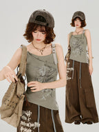 Vintage Graphic Patchwork Tank Top with Buckle Strap - Olive Green