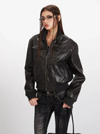Vintage Wash Faux Leather Bomber Jacket - TEVQA