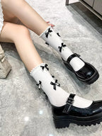 Grey knee high socks with black satin bows and faux pearl embellishments - View 14 | TEVQA