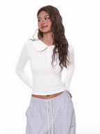 White Peter Pan Collar Button Slim Long Sleeve Top