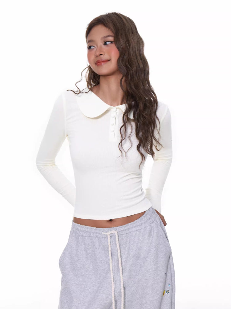 White Peter Pan Collar Button Slim Long Sleeve Top