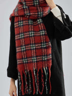 Women's Heavyweight Red Plaid Scarf Soft Faux Mohair Winter Wrap with Fringe