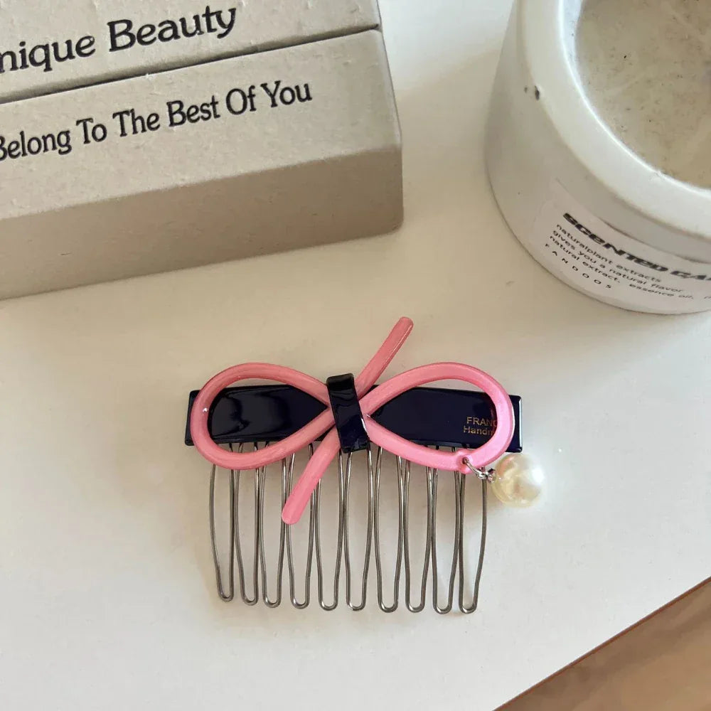 Acetate bow and pearl hair comb pin - View 10 | TEVQA