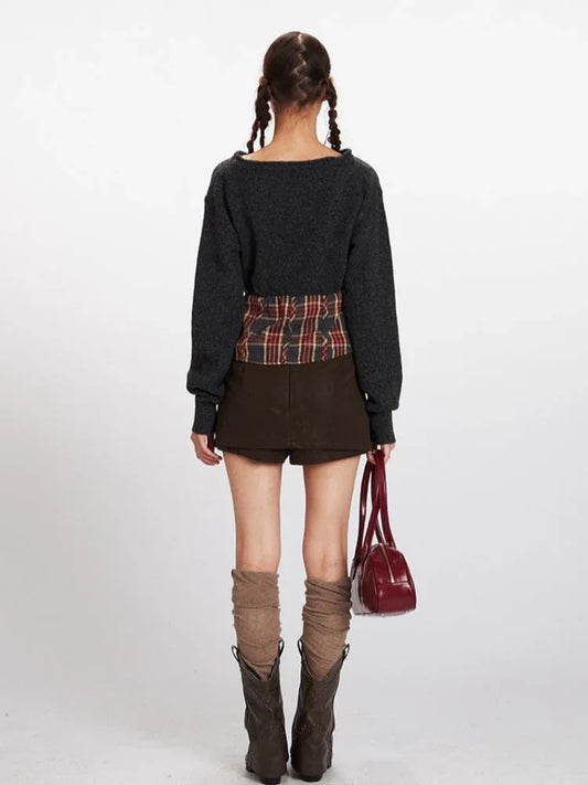 Vintage Plaid Spliced Knit Sweater - TEVQA
