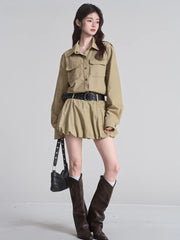 Khaki Utility Cargo Shirt & Bubble Skirt Set