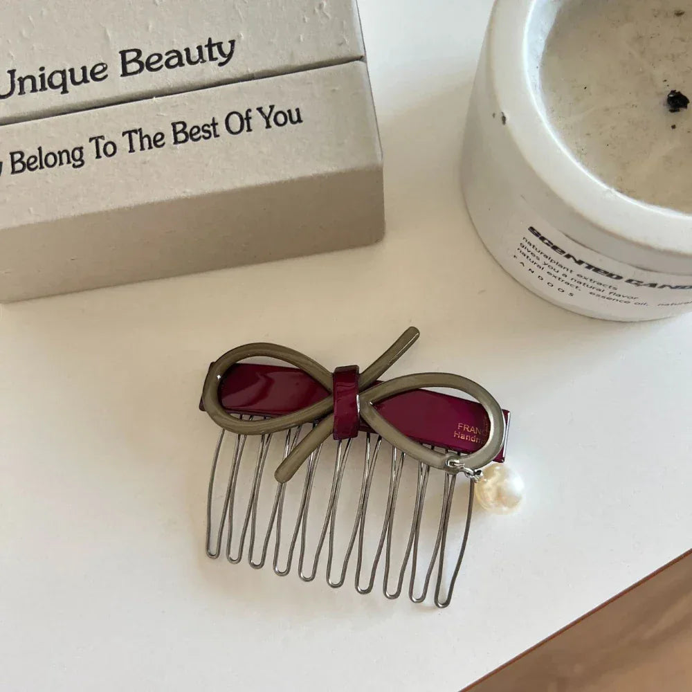 Acetate bow and pearl hair comb pin - View 9 | TEVQA