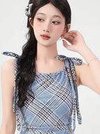 Light Blue Plaid Tie-Shoulder Swim Dress