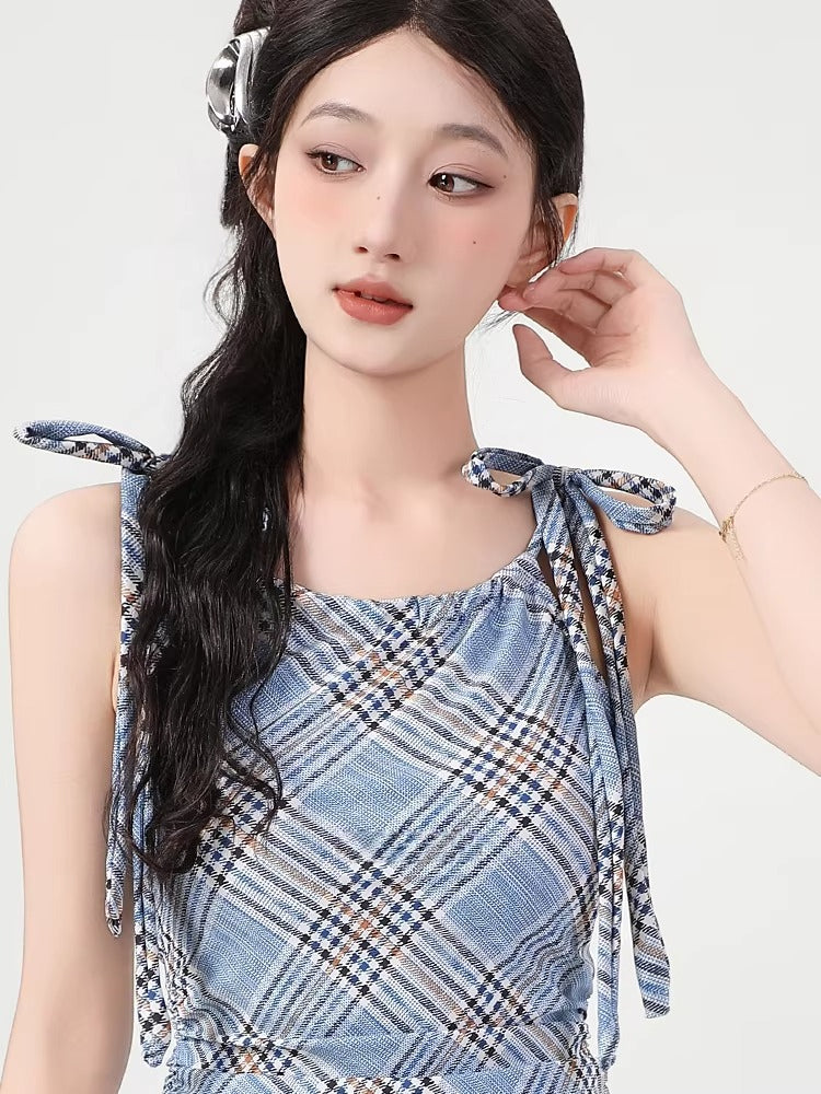 Light Blue Plaid Tie-Shoulder Swim Dress