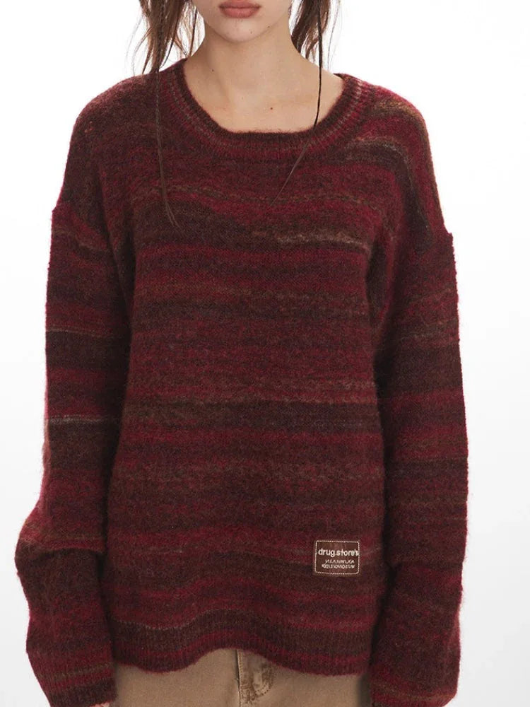 Vintage Burgundy Striped Knit Sweater - TEVQA