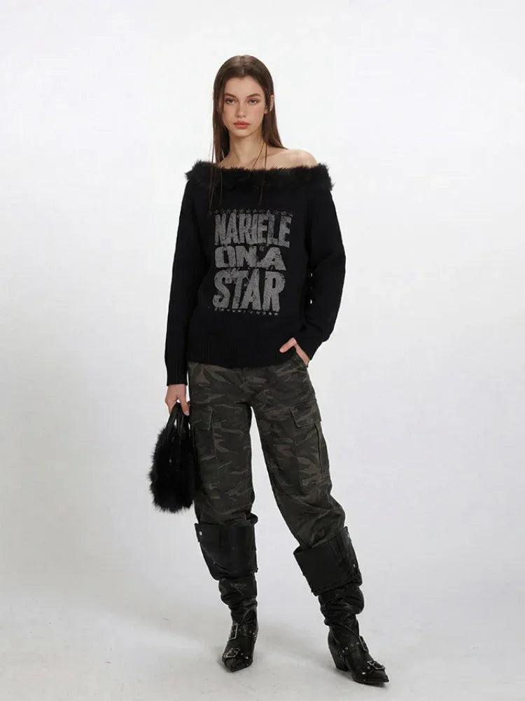 Y2K Grunge Faux Fur Trim Off-Shoulder Sweater - TEVQA