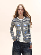 Women's Fair Isle Pattern Knit Cardigan Crew Neck