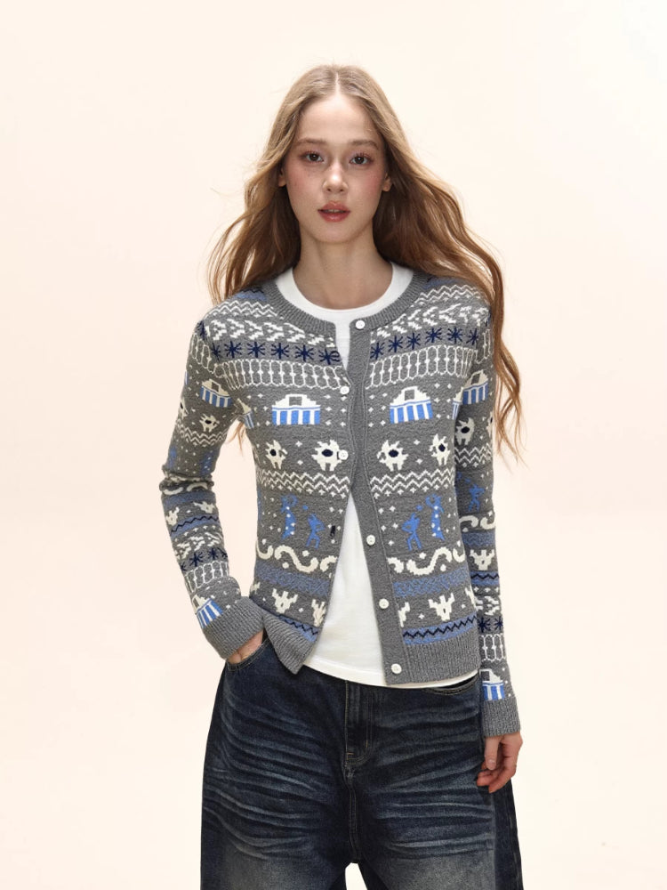Women's Fair Isle Pattern Knit Cardigan Crew Neck