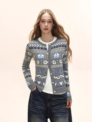 Women's Fair Isle Pattern Knit Cardigan Crew Neck