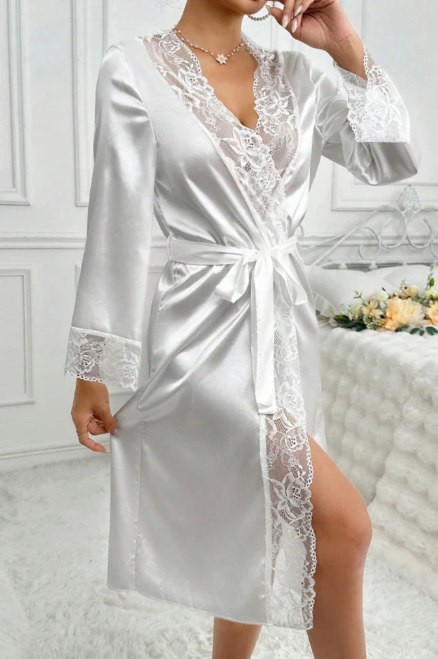 White Satin Robe with Wide Floral Lace Trim, Long Sleeve Midi Kimono - Bridal & Loungewear