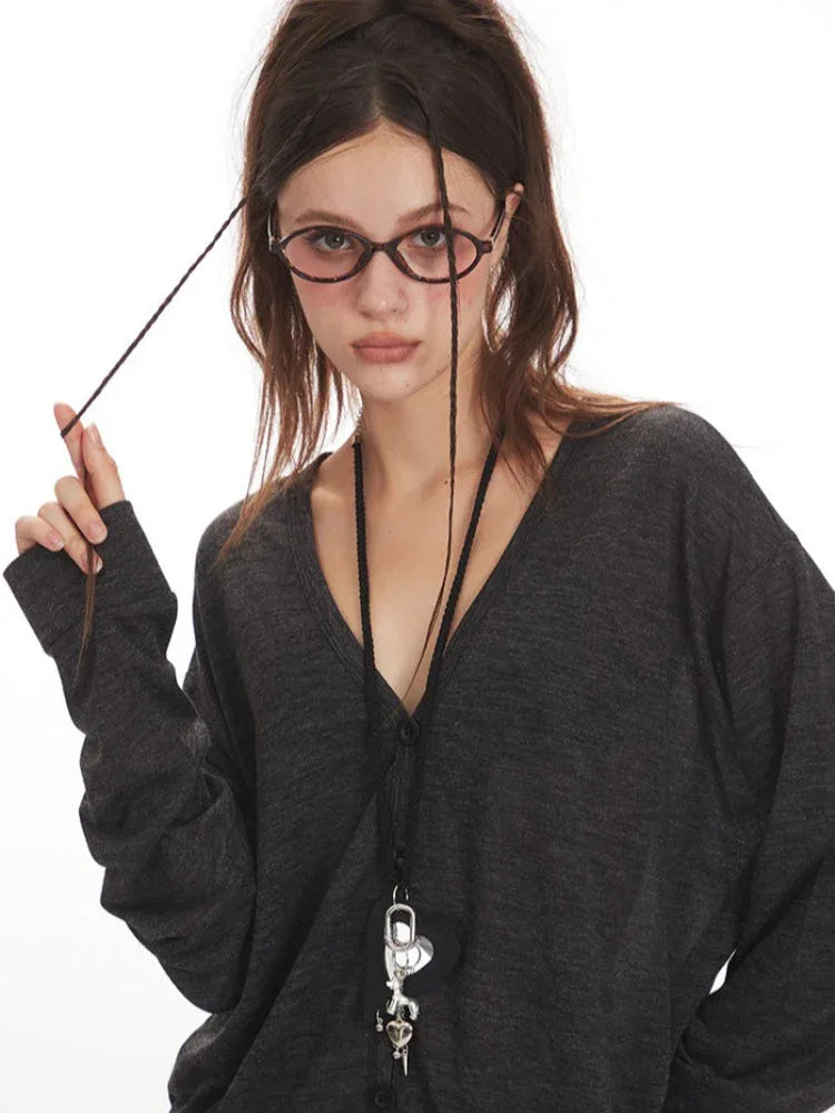 Vintage Charcoal Slouchy V-Neck Cardigan - TEVQA