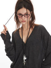 Vintage Charcoal Slouchy V-Neck Cardigan - TEVQA