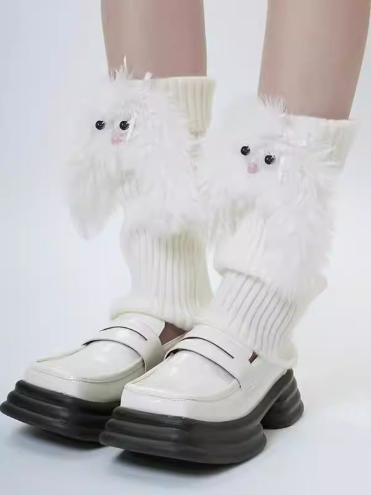 White Ribbed Knit Leg Warmers with 3D Plush Bunny