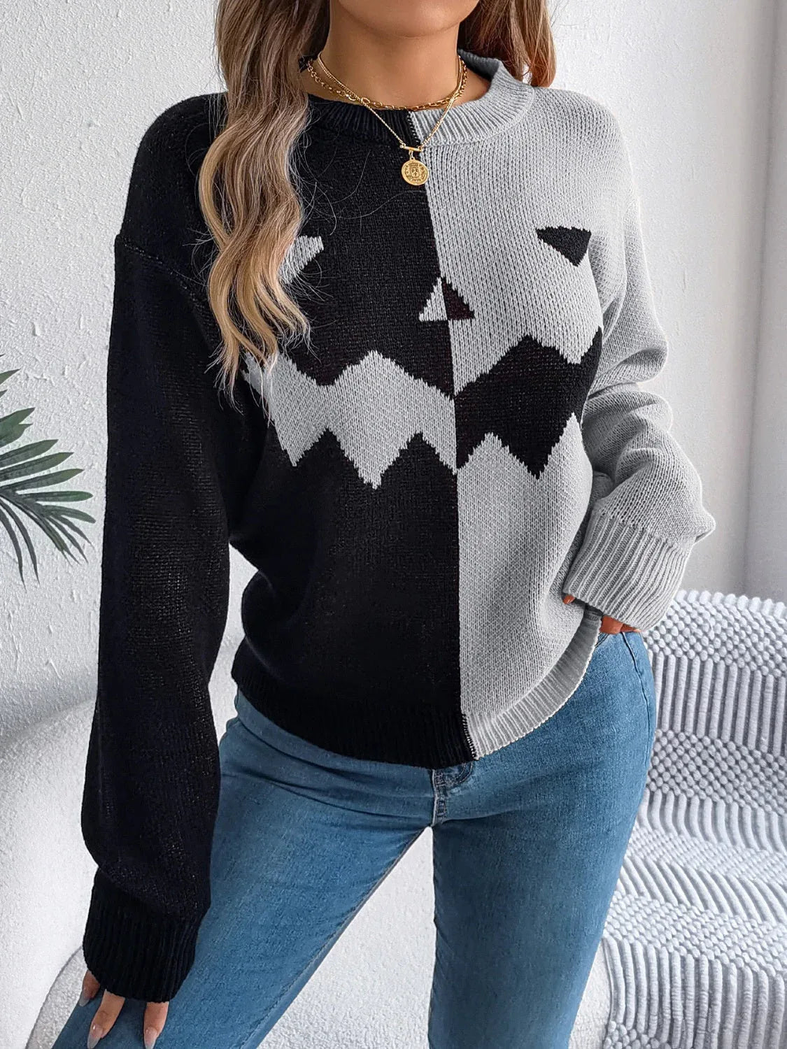 Spooky Chic Split Color Block Pumpkin Sweater - TEVQA