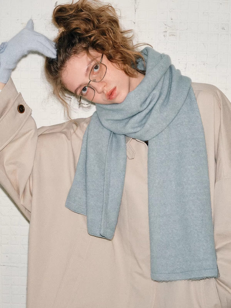 Soft Haze Blue Wool Blend Knit Scarf