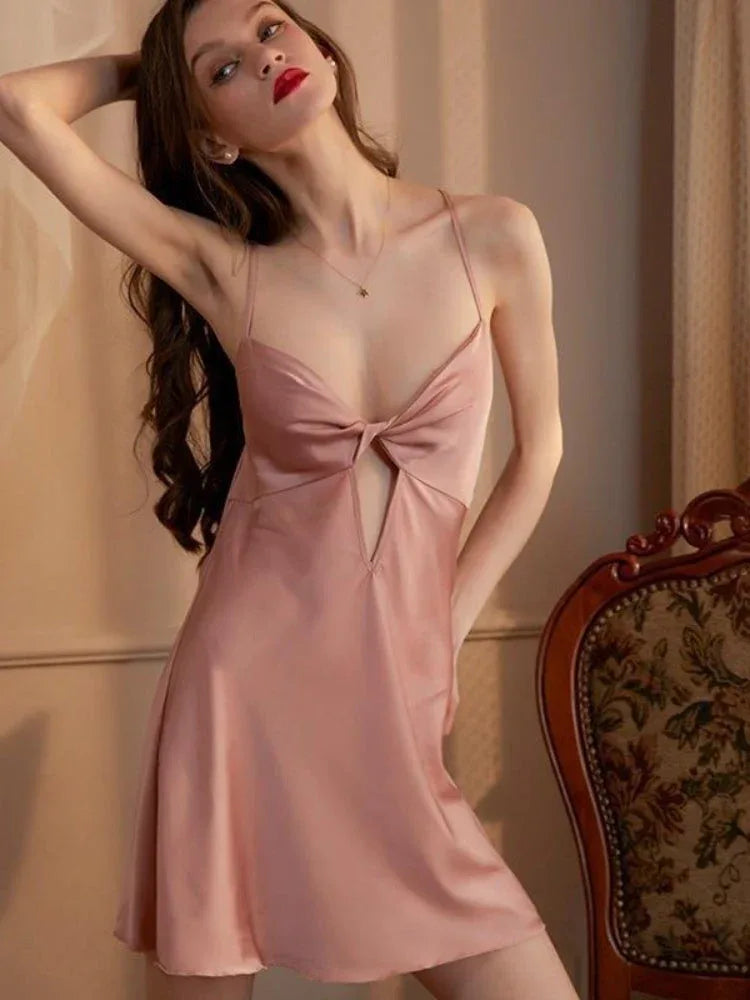Cutout Twist-Front Satin Slip Dress & Robe Set - TEVQA