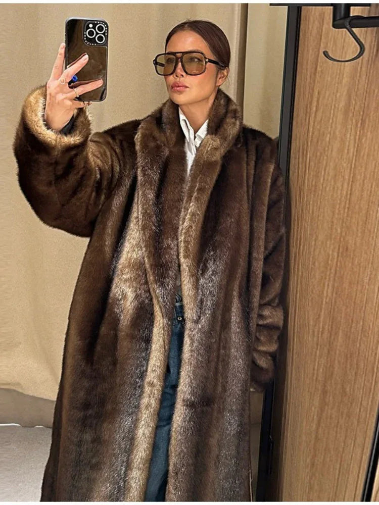 Vintage Dark Brown Faux Sable Maxi Coat - TEVQA