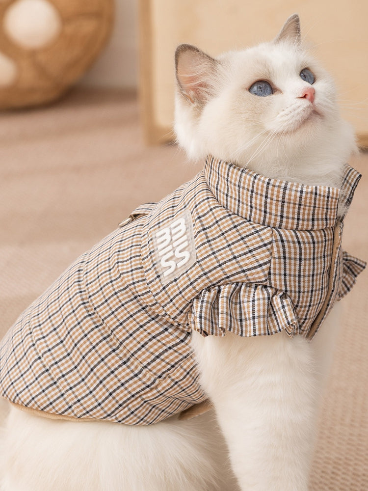Close-up of a white cat wearing a brown plaid vest with ruffled sleeves.