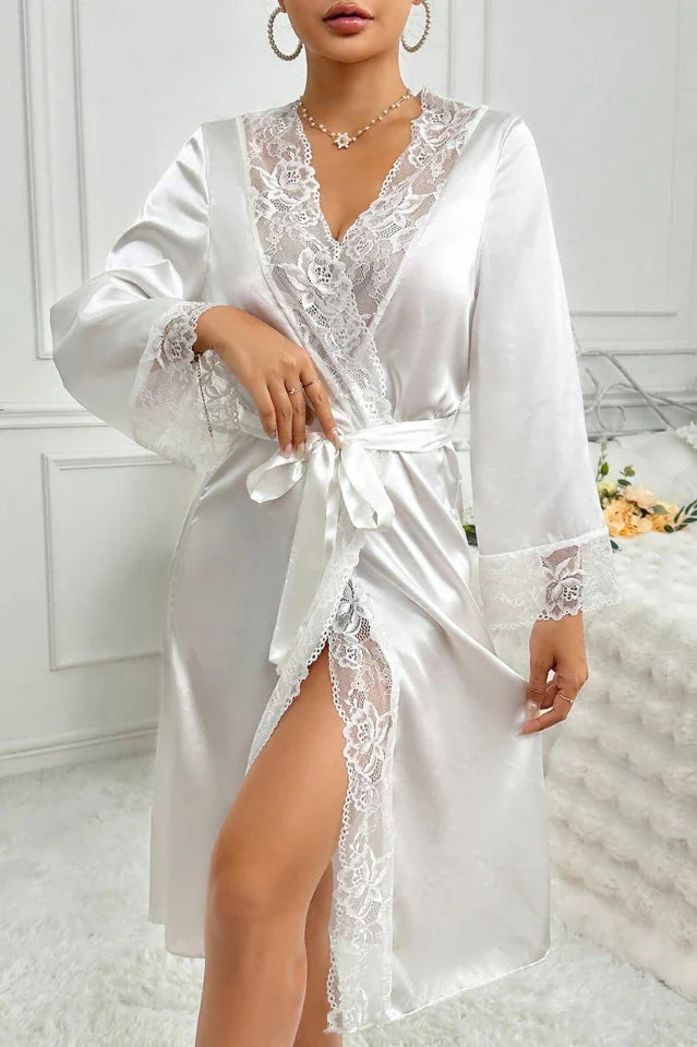 White Satin Robe with Wide Floral Lace Trim, Long Sleeve Midi Kimono - Bridal & Loungewear