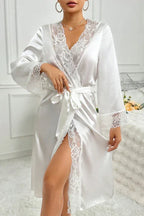 White Satin Robe with Wide Floral Lace Trim, Long Sleeve Midi Kimono - Bridal & Loungewear - TEVQA