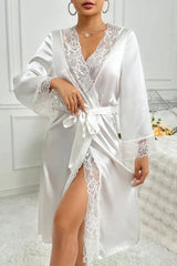 White Satin Robe with Wide Floral Lace Trim, Long Sleeve Midi Kimono - Bridal & Loungewear