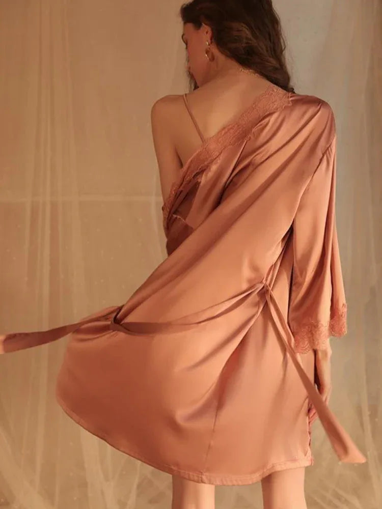Pearl White Satin Lace Robe & Nightgown Set - View 10 | TEVQA