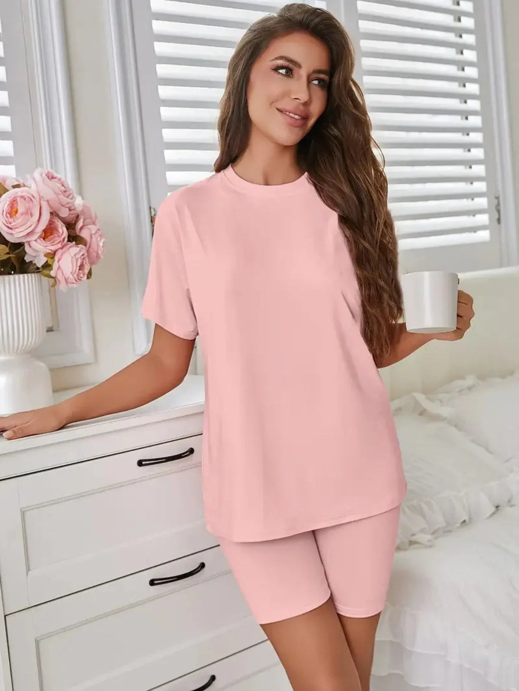 Oversized crew neck t-shirt and biker shorts lounge set - View 7 | TEVQA