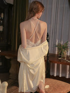Vintage Cream | Twist-Front Lace & Mesh Satin Robe Set - TEVQA