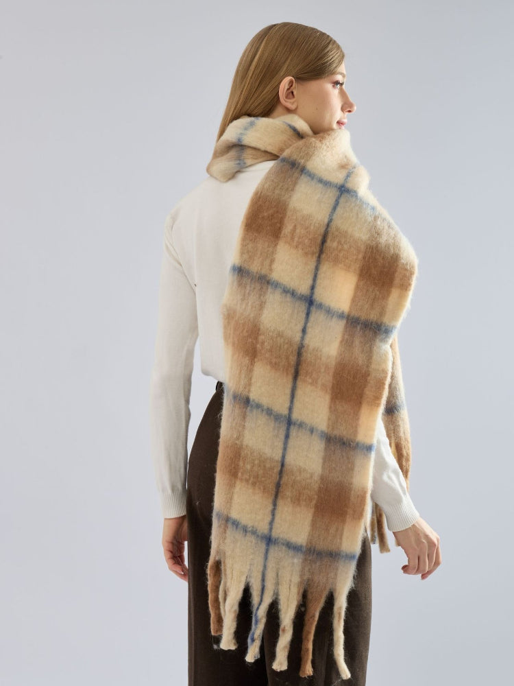 Oversized Plaid Scarf Soft Brushed Long Shawl Wrap with Fringe Beige Check