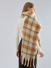 Oversized Plaid Scarf Soft Brushed Long Shawl Wrap with Fringe Beige Check