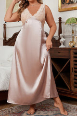Plus Size Champagne Satin Nightgown with Lace Bodice, V-Neck Maxi Sleep Dress, Elegant Loungewear