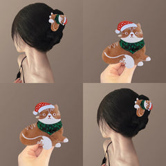 Festive Christmas Cat Acetate Hair Claw Clip (2.5 Inch)