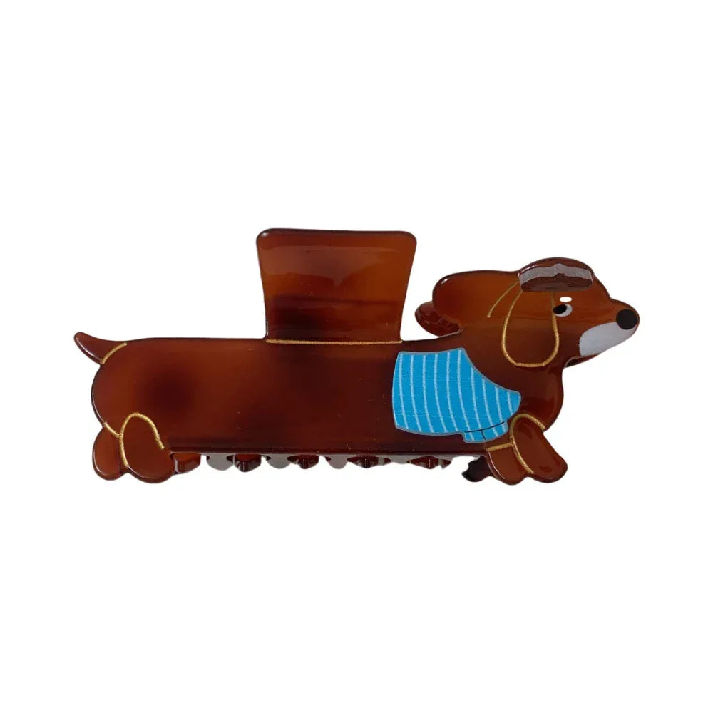 Brown dachshund hair claw clip with blue striped scarf