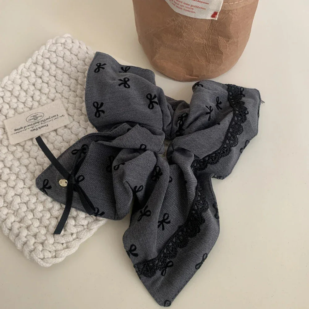 Oversized scarf scrunchie with lace trim and bow print - View 6 | TEVQA