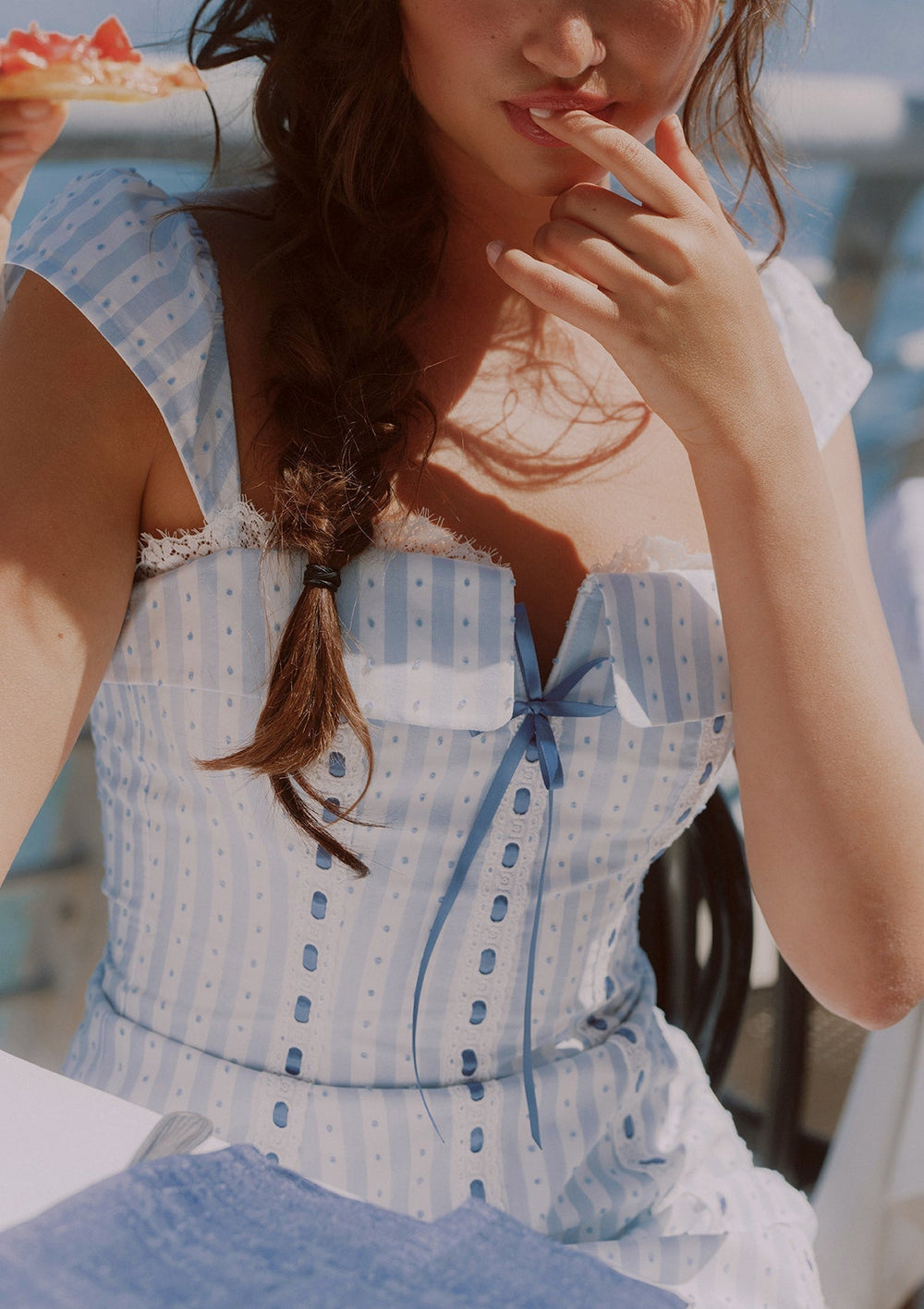 A-line mini dress with puff sleeves and lace trim - View 10 | TEVQA