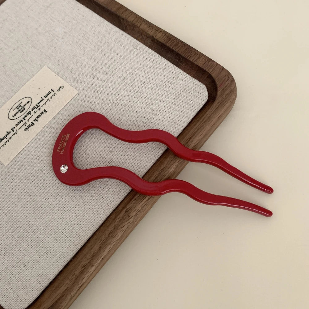 Acetate French Hair Pin with Crystal - 4.9" U-Shaped Chignon Pin