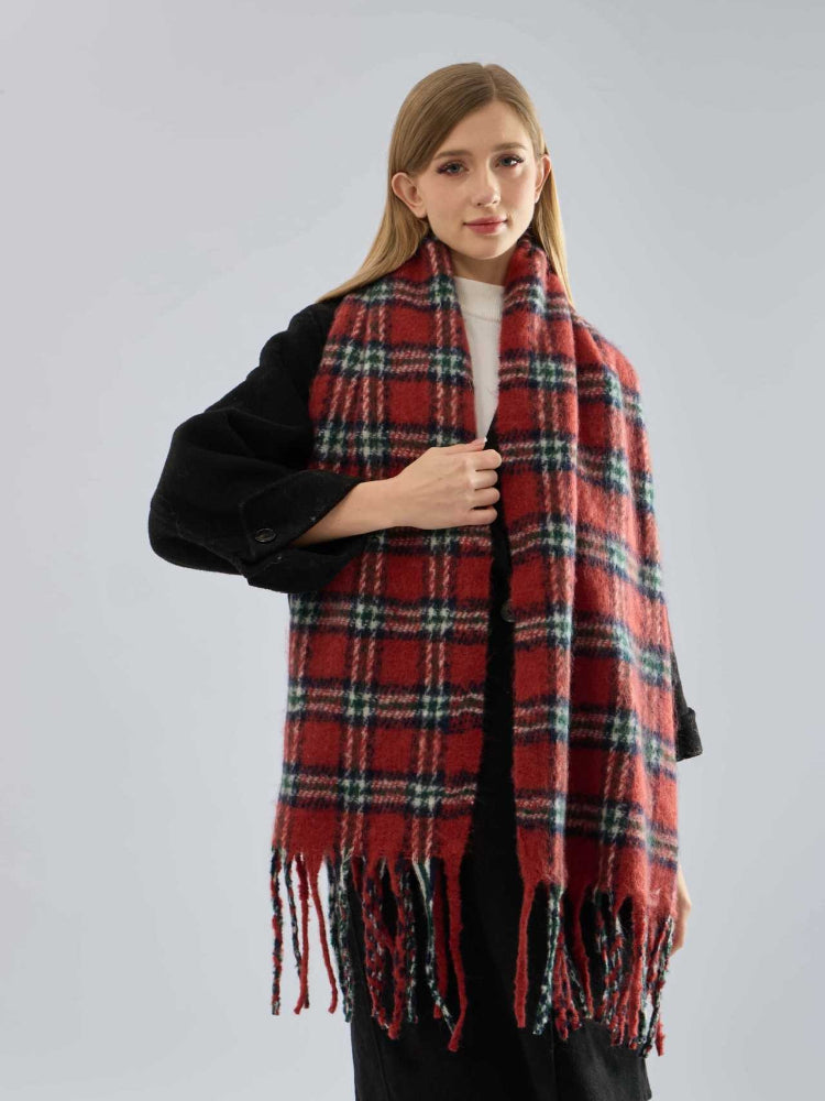 Women's Heavyweight Red Plaid Scarf Soft Faux Mohair Winter Wrap with Fringe