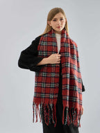 Women's Heavyweight Red Plaid Scarf Soft Faux Mohair Winter Wrap with Fringe