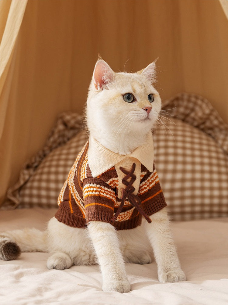 Striped Knitted Cat Sweater with Turn-down Collar Thick