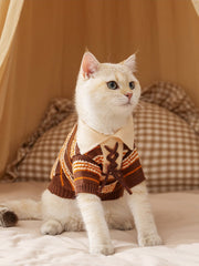 Striped Knitted Cat Sweater with Turn-down Collar Thick