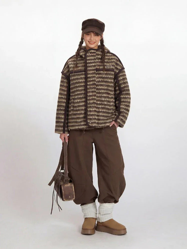 Vintage Brown Striped Sherpa Padded Jacket - TEVQA