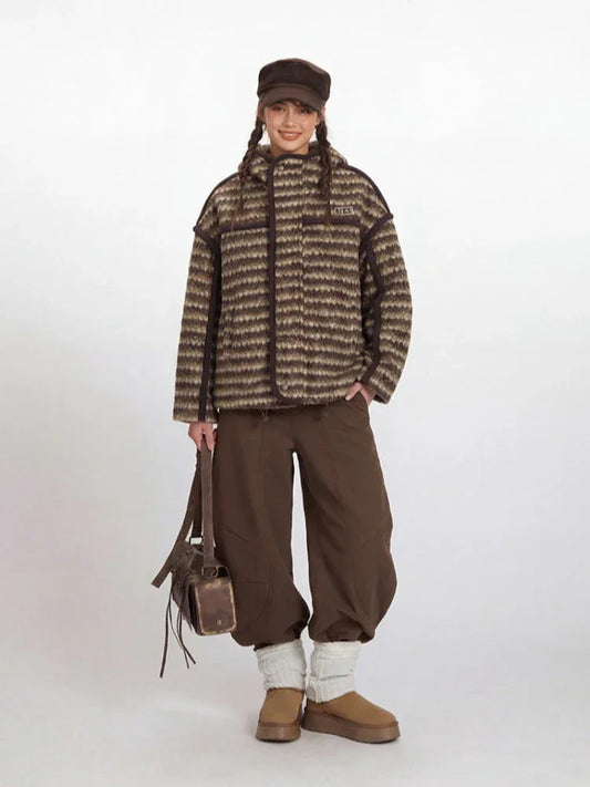 Vintage Brown Striped Sherpa Padded Jacket - TEVQA