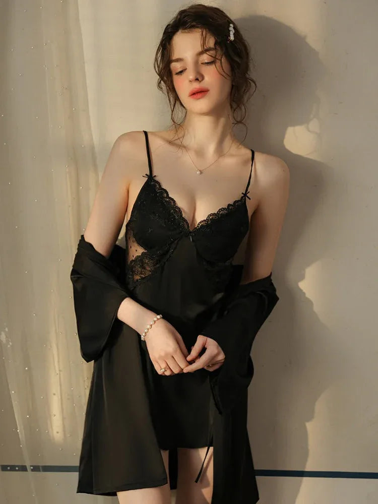 French Princess | Dot Mesh & Lace Satin Robe Set - TEVQA
