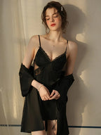 French Princess | Dot Mesh & Lace Satin Robe Set - TEVQA