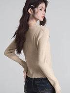 Beige ribbed knit top with lace trim - View 6 | TEVQA